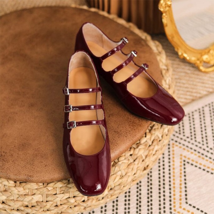 Handmade Patent Leather Mary Jane Pumps Strappy Block Heel in Red/Black