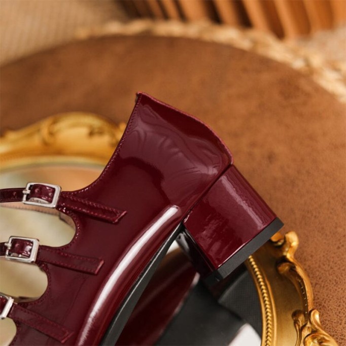 Handmade Patent Leather Mary Jane Pumps Strappy Block Heel in Red/Black