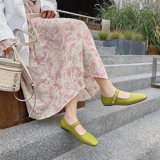 Soft Sheepskin Mary Jane Shoes Beige/Green/Purple