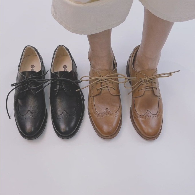 Women Wingtip Shoes Handmade Sheepskin Full Brogues Oxfords & Tie Low Heel Elegant Brown/Black (better suited for thin feet)