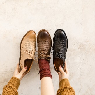 Leather Weave Wingtip Brogues Oxfords & Tie Shoes For Women Normal Fit Flat Black/Beige/Coffee