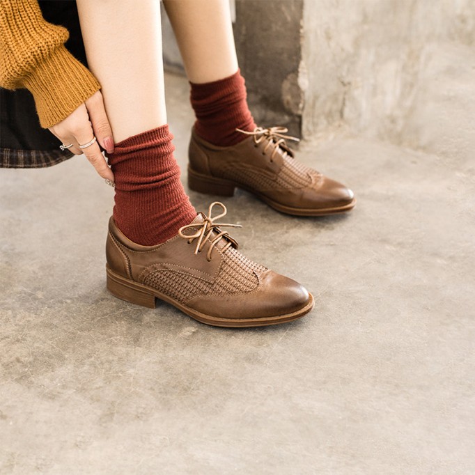 Leather Weave Wingtip Brogues Oxfords & Tie Shoes For Women Normal Fit Flat Black/Beige/Coffee