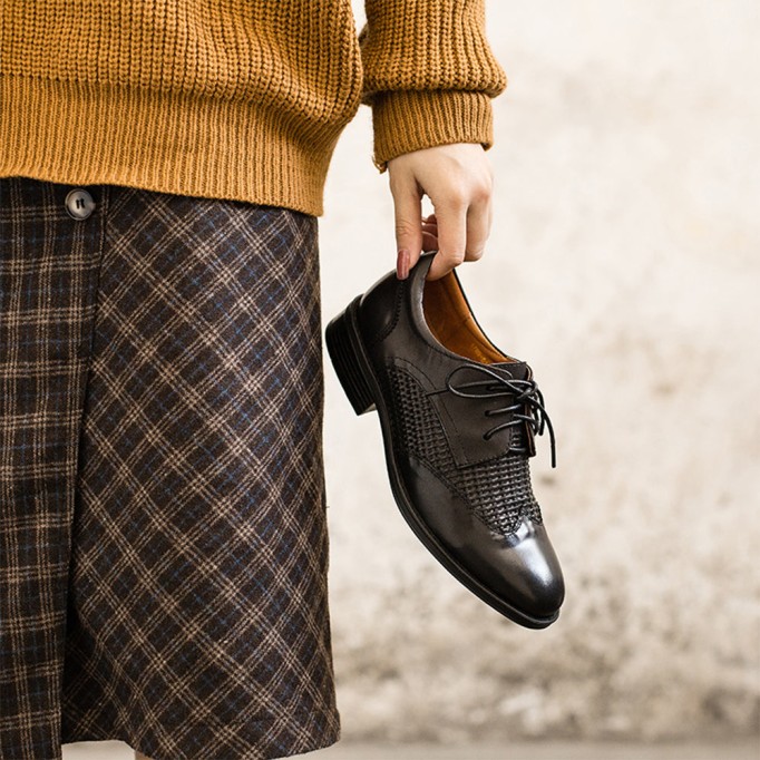 Leather Weave Wingtip Brogues Oxfords & Tie Shoes For Women Normal Fit Flat Black/Beige/Coffee