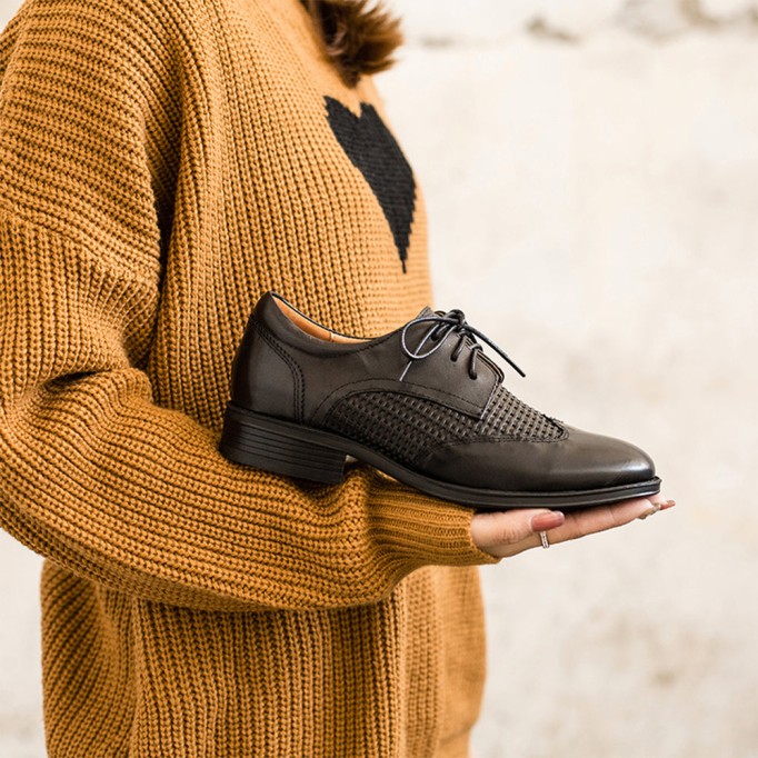 Leather Weave Wingtip Brogues Oxfords & Tie Shoes For Women Normal Fit Flat Black/Beige/Coffee