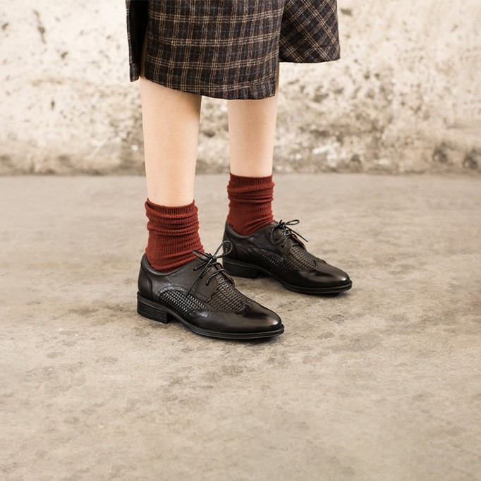 Leather Weave Wingtip Brogues Oxfords & Tie Shoes For Women Normal Fit Flat Black/Beige/Coffee