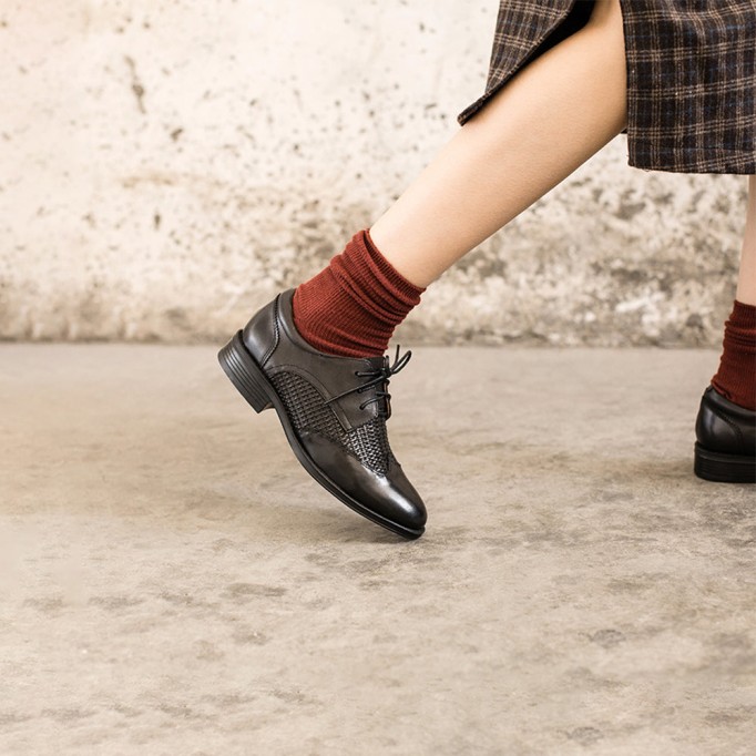 Leather Weave Wingtip Brogues Oxfords & Tie Shoes For Women Normal Fit Flat Black/Beige/Coffee