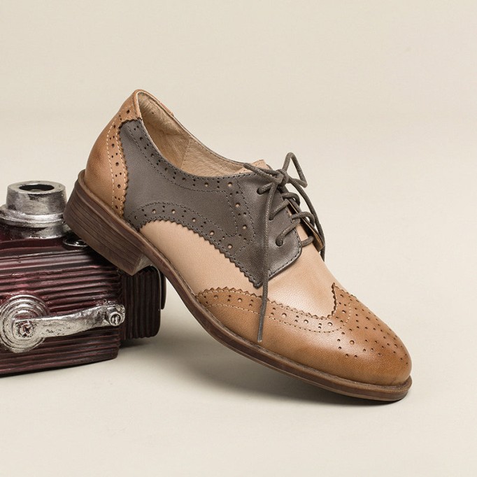 Women Wingtip Shoes Handmade Sheepskin Full Brogues Oxfords Low Heel Elegant Color Blocking(better suited for thin feet)