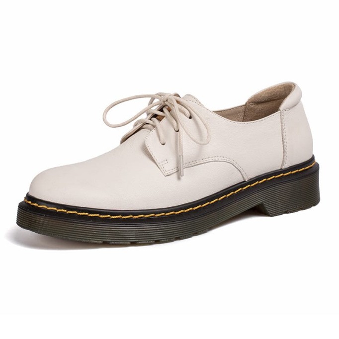 Handmade Full Grain Leather Lace Up Oxfords For Women Martin Sole In White/Black