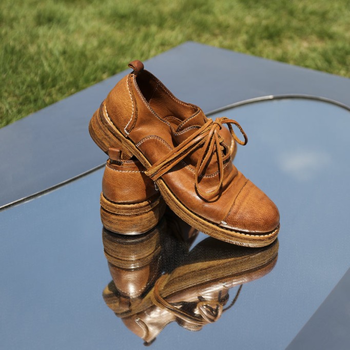 Goodyear Horse Leather Derby Shoes For Women Retro Lace Up Block Oxfords Leather Sole in Black/Brown