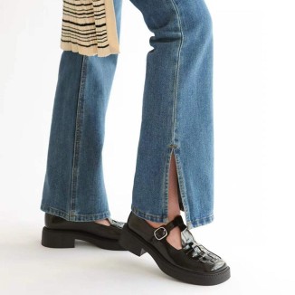 Retro Woven Leather Platform Mary Jane Shoes In White/Black