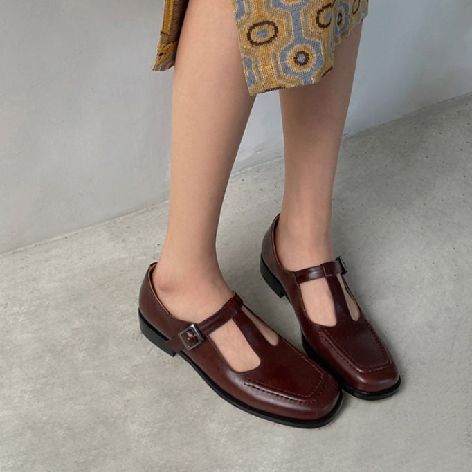 Handmade Leather T-strap Mary Jane Shoes For Womens Round Toe Retro Sandals Black/Brown