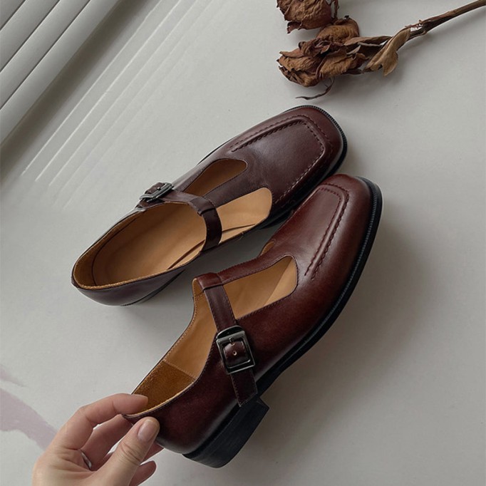 Handmade Leather T-strap Mary Jane Shoes For Womens Round Toe Retro Sandals Black/Brown