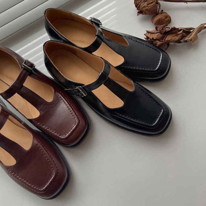 Handmade Leather T-strap Mary Jane Shoes For Womens Round Toe Retro Sandals Black/Brown