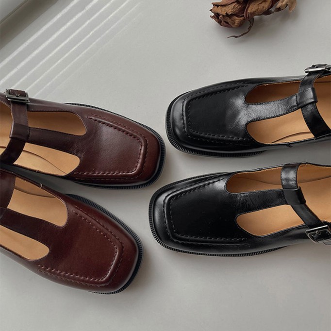 Handmade Leather T-strap Mary Jane Shoes For Womens Round Toe Retro Sandals Black/Brown