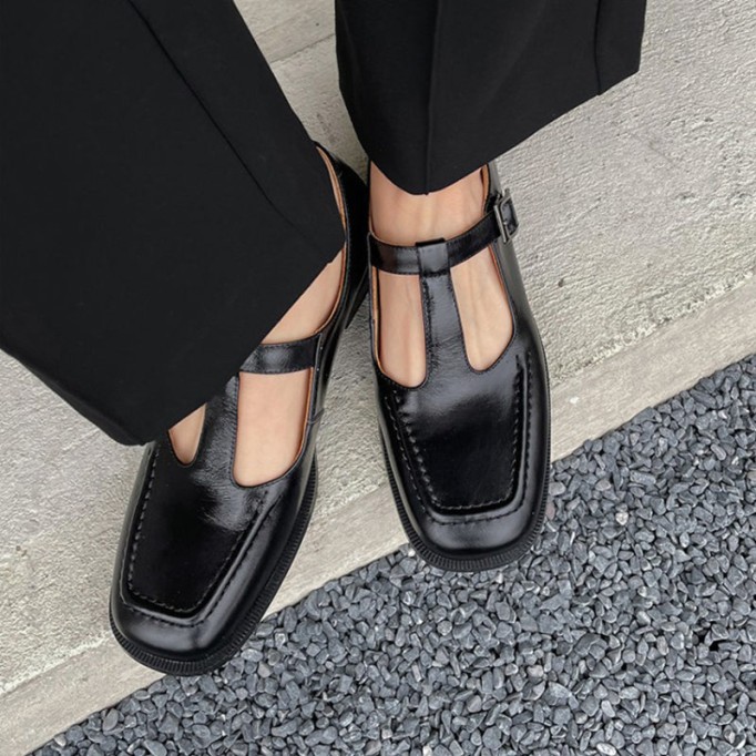 Handmade Leather T-strap Mary Jane Shoes For Womens Round Toe Retro Sandals Black/Brown