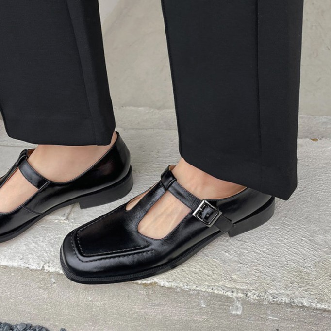 Handmade Leather T-strap Mary Jane Shoes For Womens Round Toe Retro Sandals Black/Brown