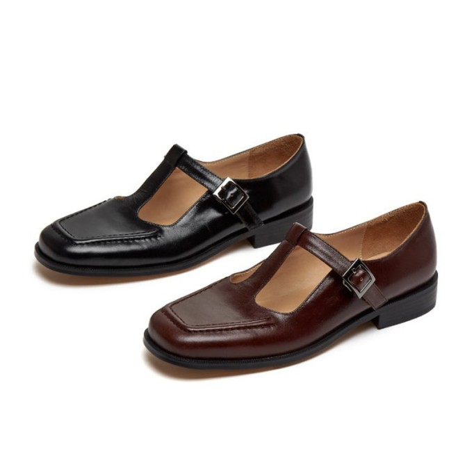 Handmade Leather T-strap Mary Jane Shoes For Womens Round Toe Retro Sandals Black/Brown