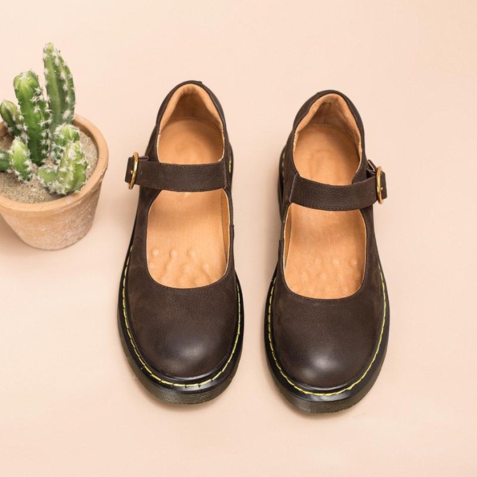 Handmade Retro Matte Leather Flat Mary Jane Shoes For Womens Round Toe Red/Brown/Coffee
