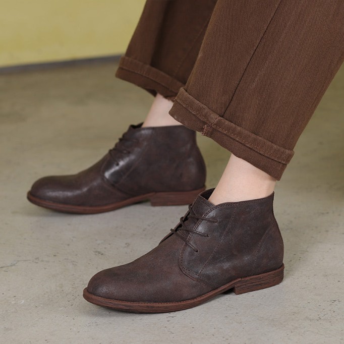 Oxfords For Women Lace Up Flat Sole Ankle Boots Handmade Matte Leather Martin Boots Coffee/Brown