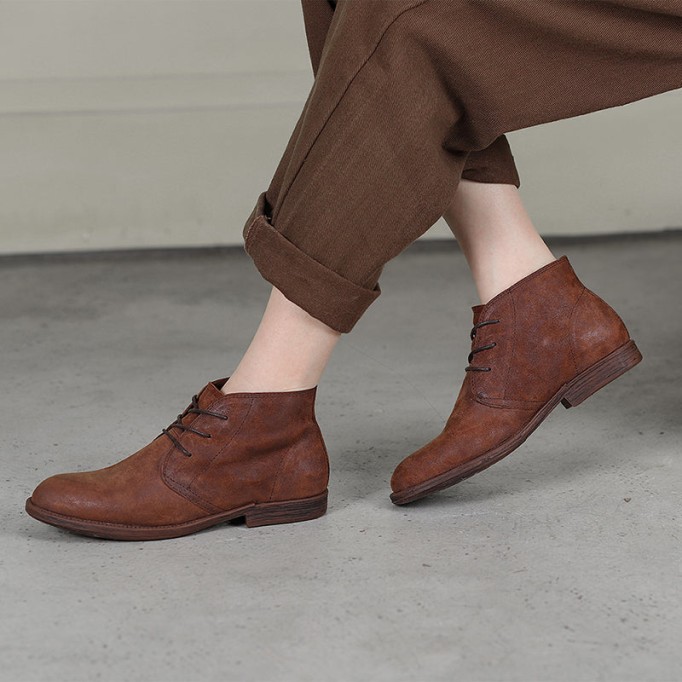 Oxfords For Women Lace Up Flat Sole Ankle Boots Handmade Matte Leather Martin Boots Coffee/Brown