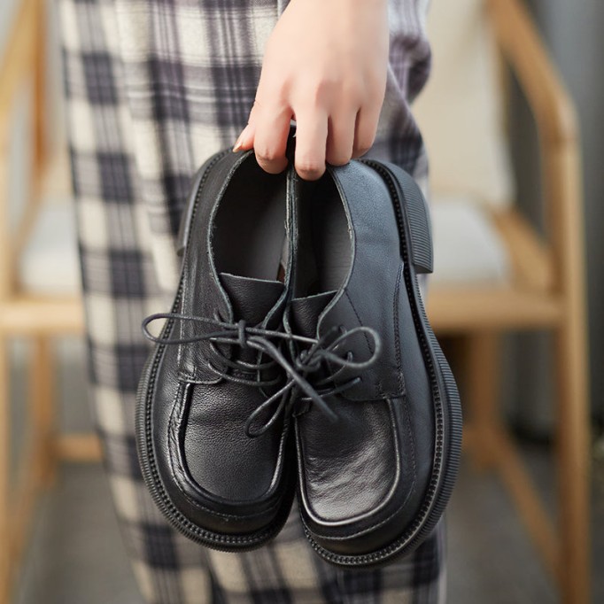 Retro Lace Up Leather Shoes Round Toe Oxford Shoes Black/Brown/Coffee