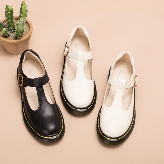 Handmade Leather Flat Mary Jane Shoes For Women Round Toe Beige/Black