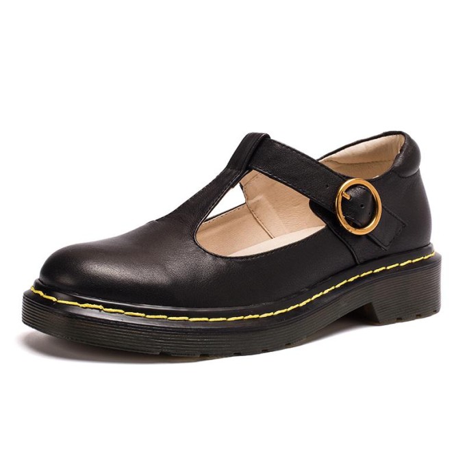 Handmade Leather Flat Mary Jane Shoes For Women Round Toe Beige/Black