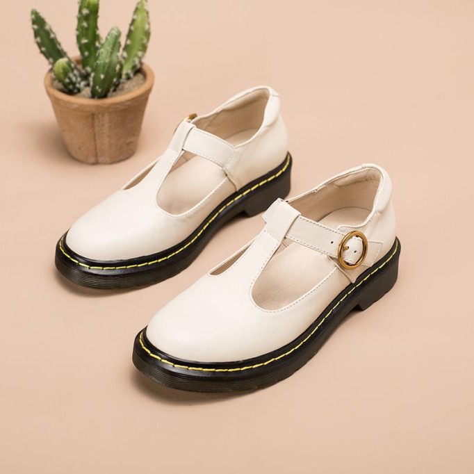 Handmade Leather Flat Mary Jane Shoes For Women Round Toe Beige/Black