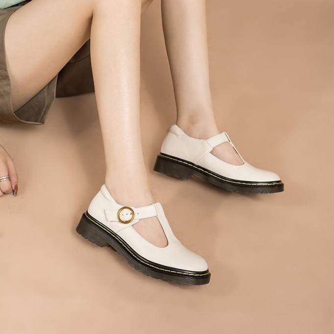 Handmade Leather Flat Mary Jane Shoes For Women Round Toe Beige/Black