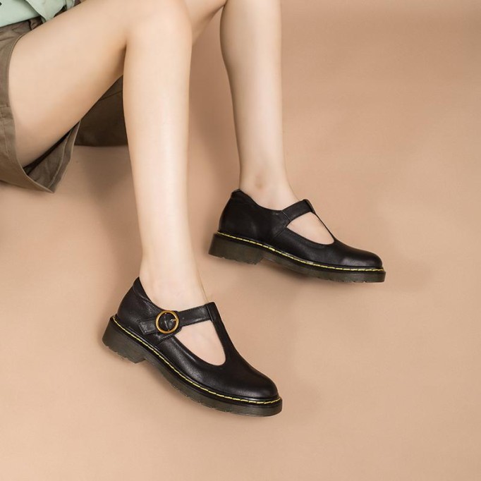 Handmade Leather Flat Mary Jane Shoes For Women Round Toe Beige/Black