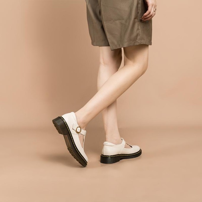 Handmade Leather Flat Mary Jane Shoes For Women Round Toe Beige/Black