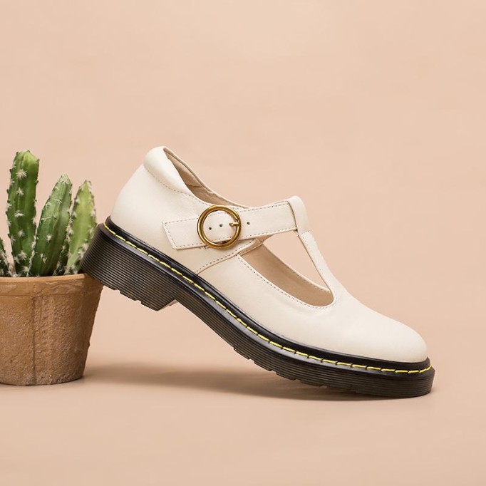 Handmade Leather Flat Mary Jane Shoes For Women Round Toe Beige/Black