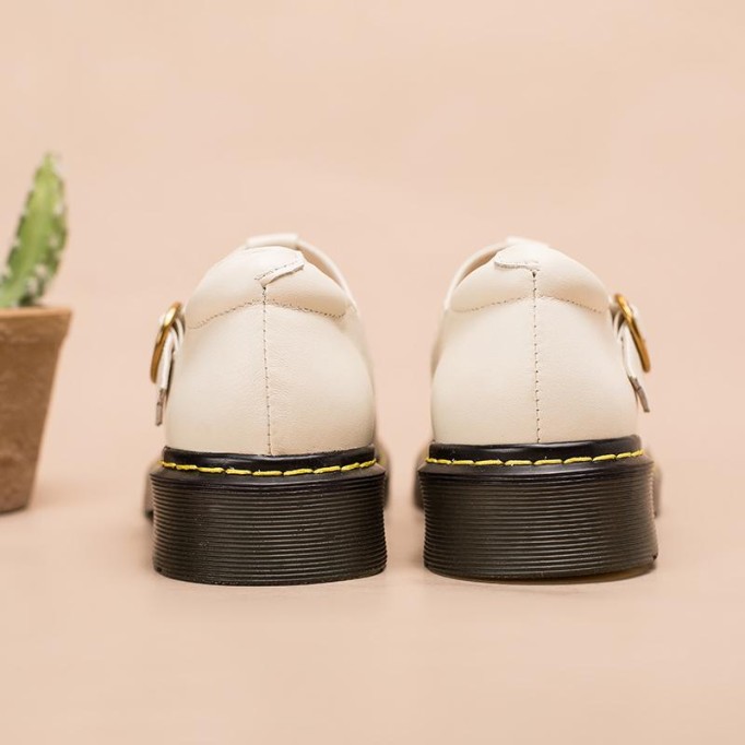 Handmade Leather Flat Mary Jane Shoes For Women Round Toe Beige/Black