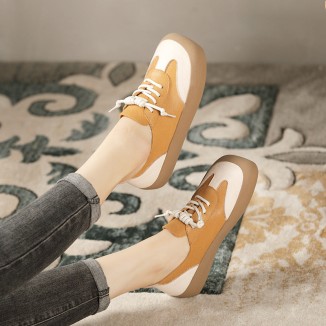 Designer Shoes Color block Genuine Leather Flats For Women Handmade Yellow/Coffee