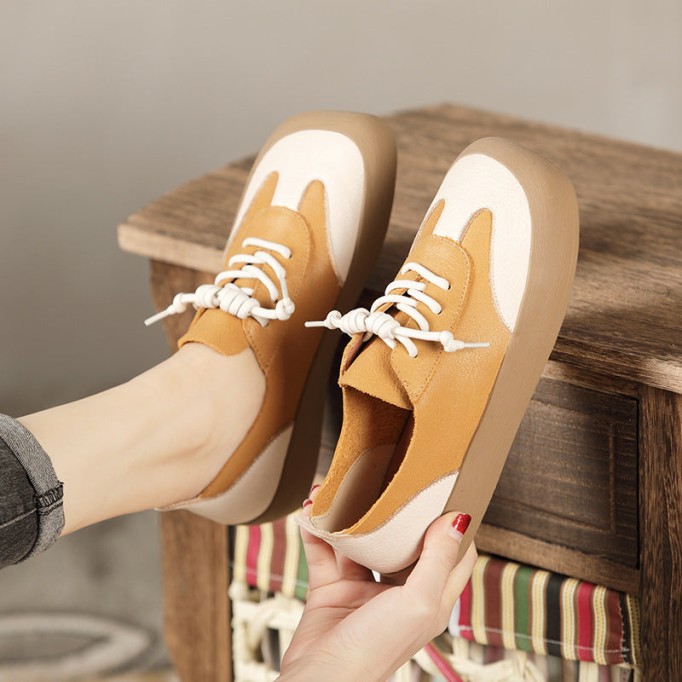 Designer Shoes Color block Genuine Leather Flats For Women Handmade Yellow/Coffee
