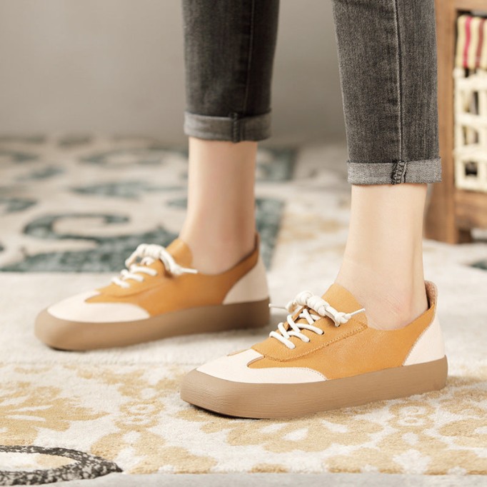 Designer Shoes Color block Genuine Leather Flats For Women Handmade Yellow/Coffee