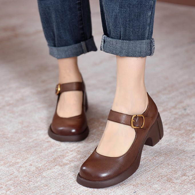 Handmade Leather Pumps Mary Jane Heels Sandals Womens Round Toe Retro Buckle Sandals Black/Brown