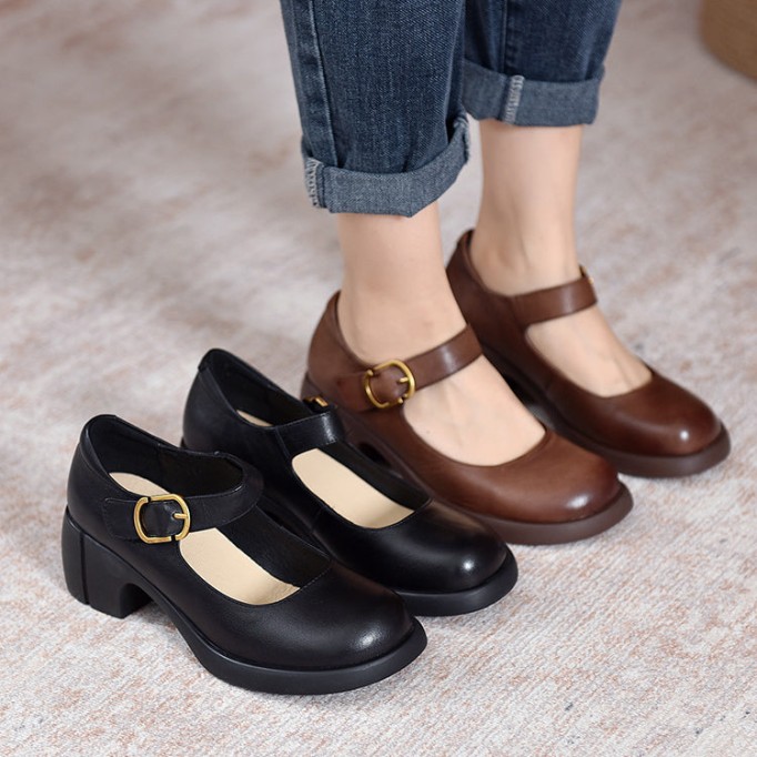Handmade Leather Pumps Mary Jane Heels Sandals Womens Round Toe Retro Buckle Sandals Black/Brown