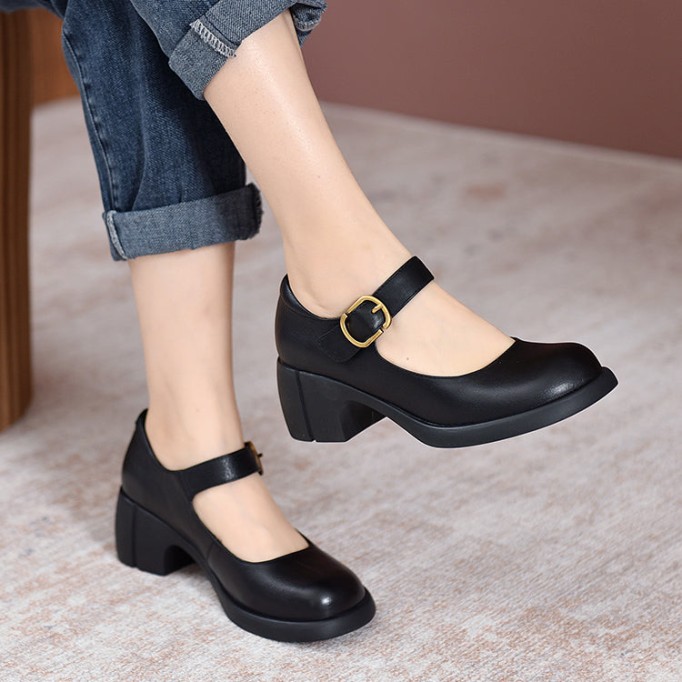 Handmade Leather Pumps Mary Jane Heels Sandals Womens Round Toe Retro Buckle Sandals Black/Brown