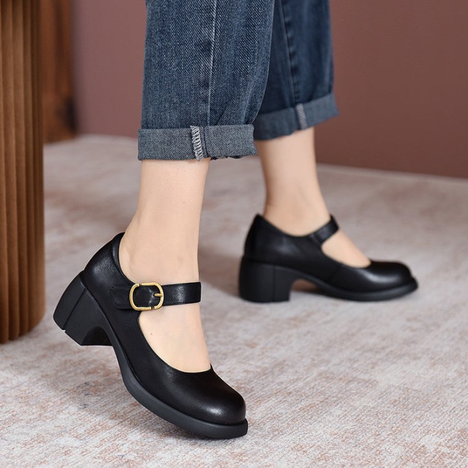 Handmade Leather Pumps Mary Jane Heels Sandals Womens Round Toe Retro Buckle Sandals Black/Brown