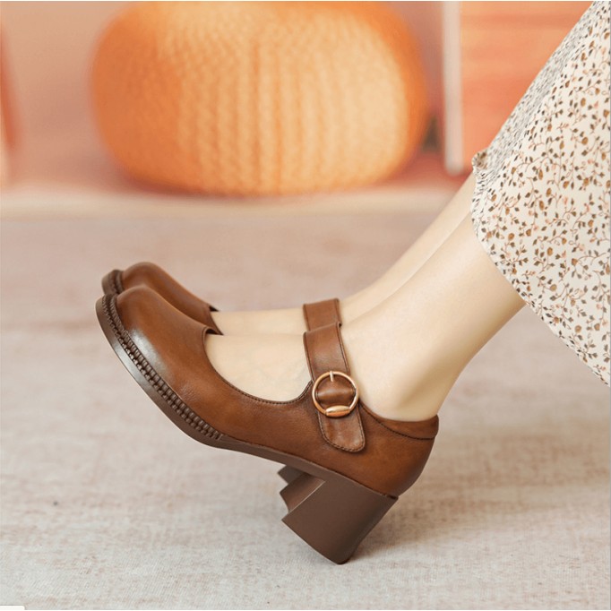 Handmade Leather Pumps Mary Jane Heels Sandals Womens Round Toe Retro Buckle Sandals Black/Brown