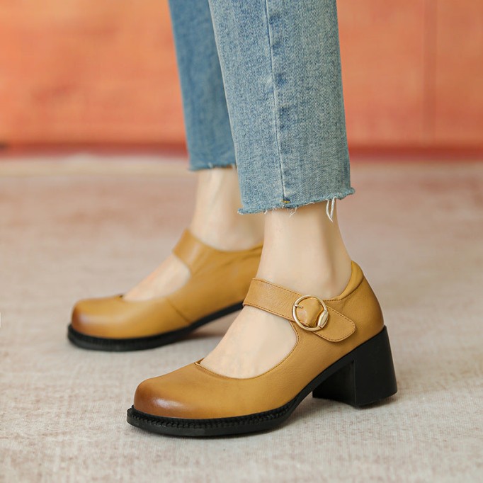 Handmade Leather Pumps Mary Jane Heels Sandals Womens Round Toe Retro Buckle Sandals Black/Brown