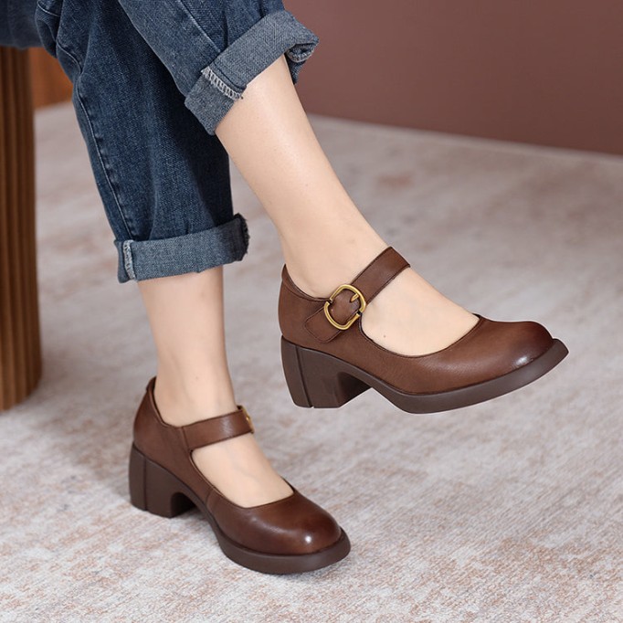 Handmade Leather Pumps Mary Jane Heels Sandals Womens Round Toe Retro Buckle Sandals Black/Brown