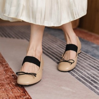Handmade Leather Mary Jane Flats Elastic Band with Bow in Red/Black/Beige/Apricot