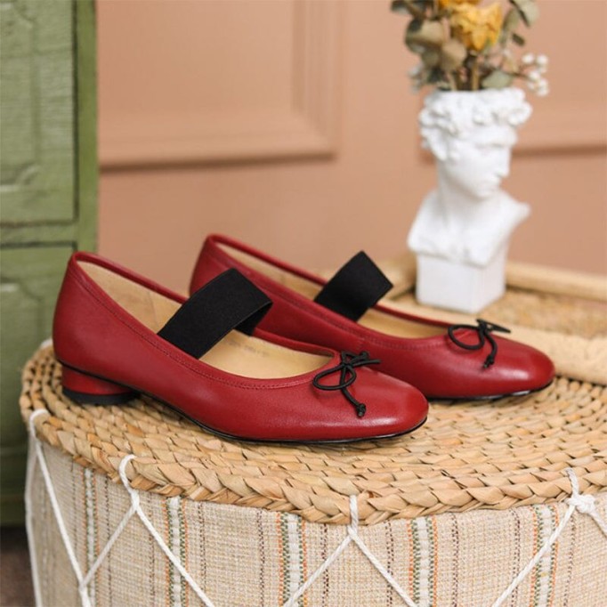 Handmade Leather Mary Jane Flats Elastic Band with Bow in Red/Black/Beige/Apricot