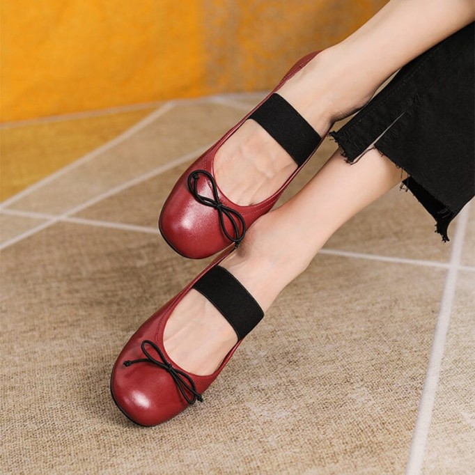 Handmade Leather Mary Jane Flats Elastic Band with Bow in Red/Black/Beige/Apricot