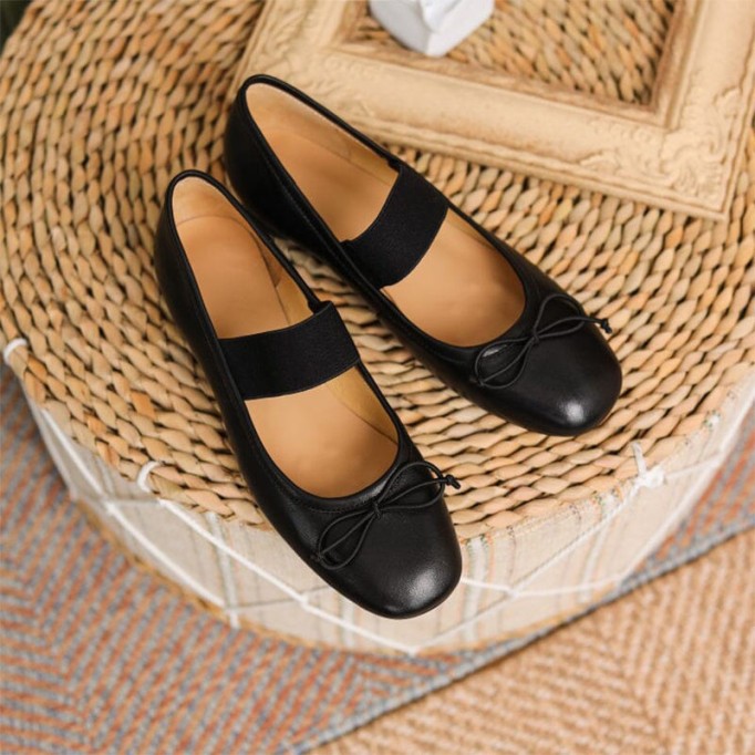 Handmade Leather Mary Jane Flats Elastic Band with Bow in Red/Black/Beige/Apricot