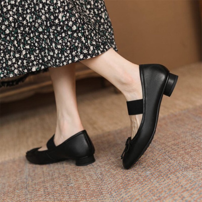 Handmade Leather Mary Jane Flats Elastic Band with Bow in Red/Black/Beige/Apricot