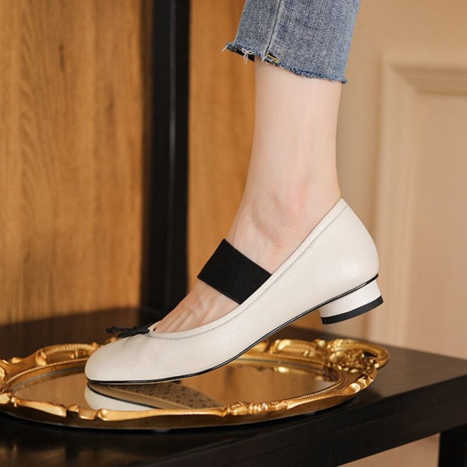 Handmade Leather Mary Jane Flats Elastic Band with Bow in Red/Black/Beige/Apricot