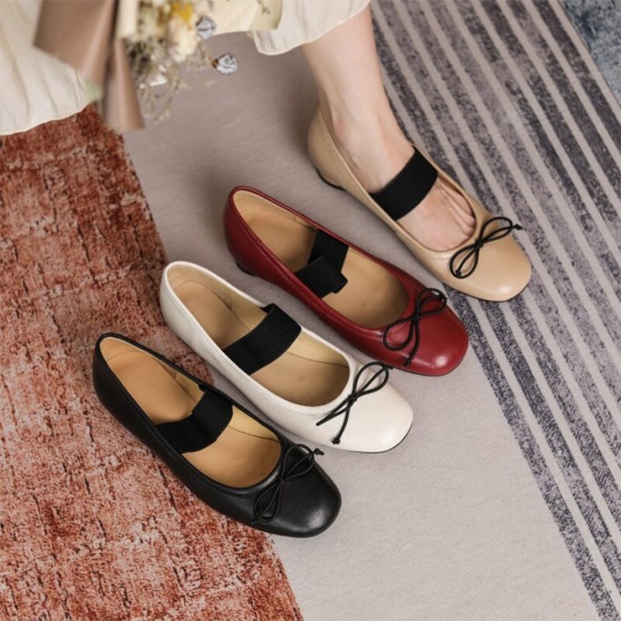 Handmade Leather Mary Jane Flats Elastic Band with Bow in Red/Black/Beige/Apricot